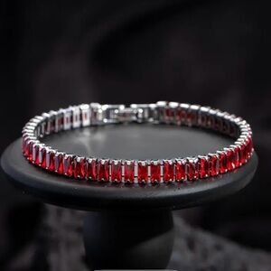 Black Gunmetal Emerald Cut Red Garnet Gemstone Tennis Bracelet